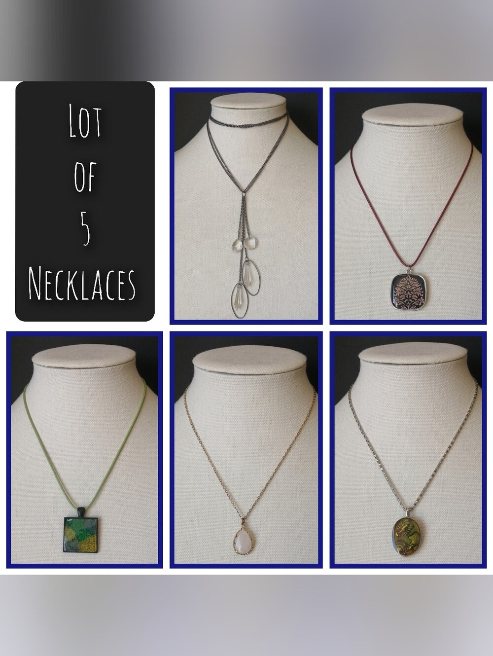 5pcs Assorted Women's Pendant Necklace Lot Pink Onyx Green Red Gold Silver Black